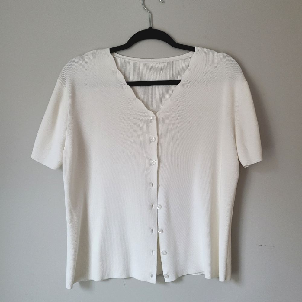 Vintage Ivory Scalloped Cardigan Sweater, Short Sleeve